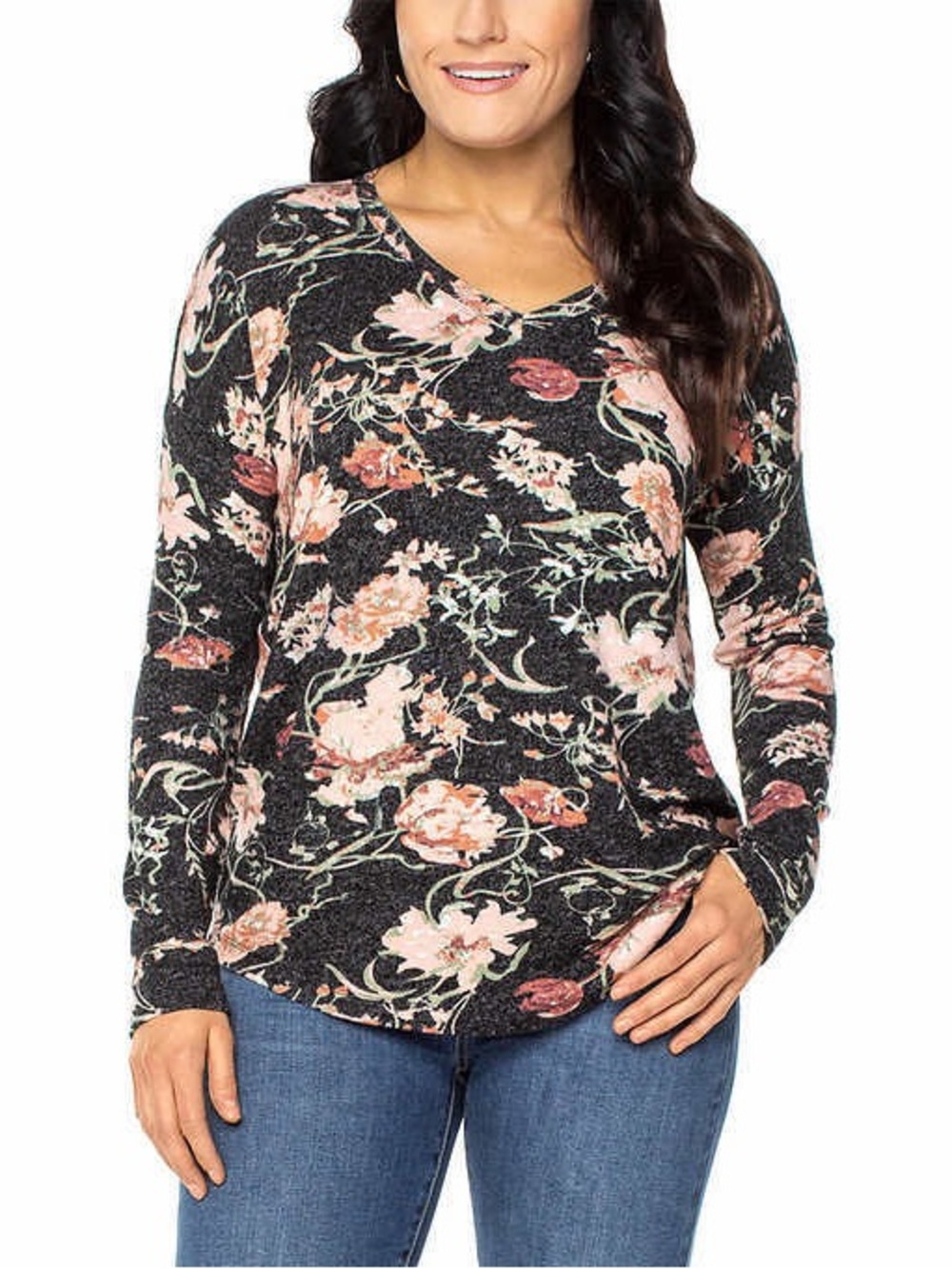 Floral V-Neck Long Sleeve Top - Black with Pink Floral